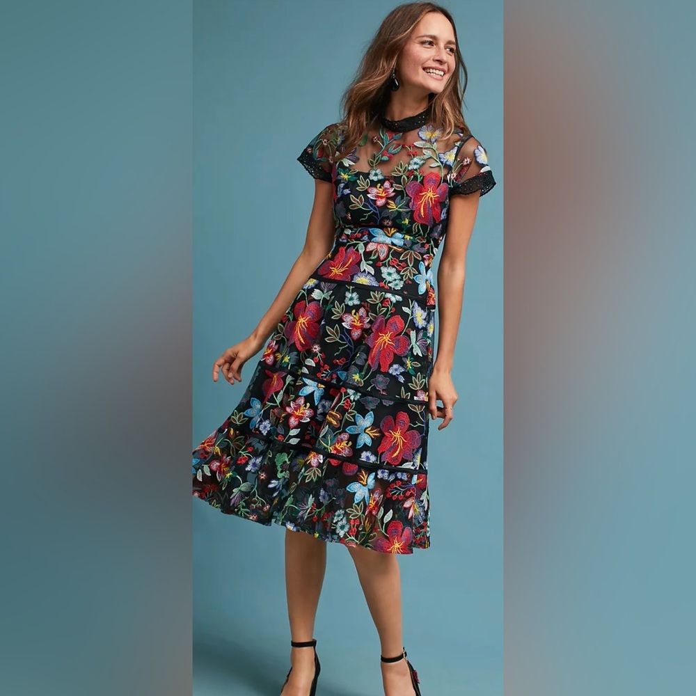 ANTHROPOLOGIE VONE JANINE Floral Embroidered Black MIDI Dress - Picture 3 of 11